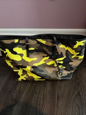 Michael Kors Neon Yellow Camouflage Tote with Black Straps